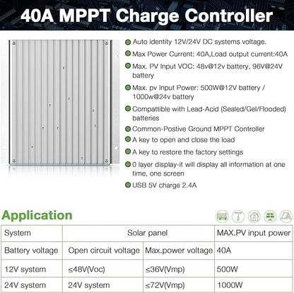 OOYCYOO MPPT Charge Controller 40 amp 12V/24V Auto, 40A Solar Panel Charge Regulator with Blacklight LCD Display Max 100V for Lead-Acid Sealed Gel AGM Flooded Lithium Battery