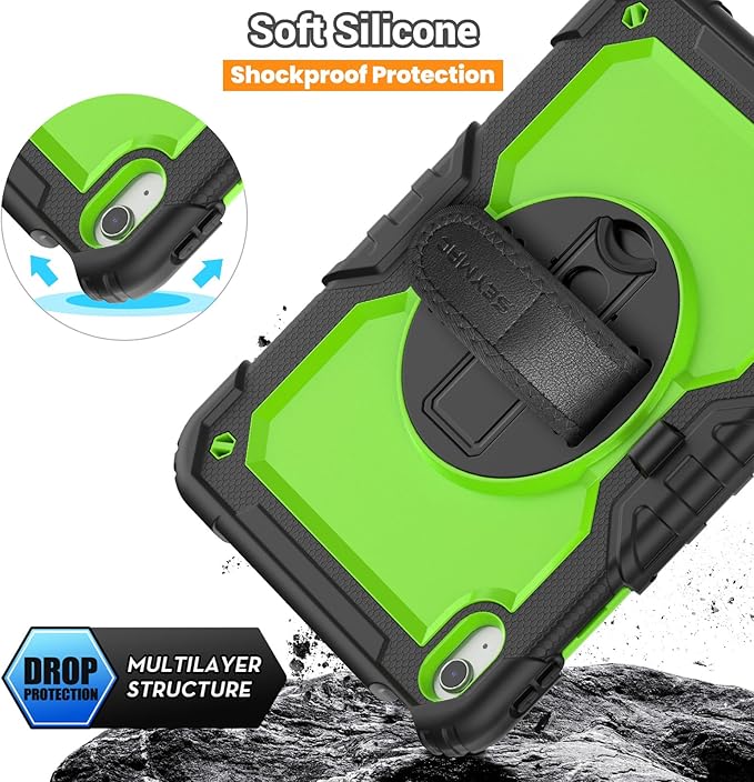 SEYMAC Case for iPad (A16) 11th/10th Generation 2025/2022 (11″/10.9″), Sturdy Heavy Duty Full-Body Shockproof Protective Case with Screen Protector, Rotating Stand, Hand/Shoulder Strap, Black/Green