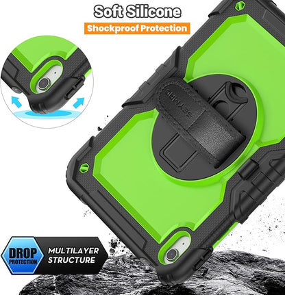 SEYMAC Case for iPad (A16) 11th/10th Generation 2025/2022 (11″/10.9″), Sturdy Heavy Duty Full-Body Shockproof Protective Case with Screen Protector, Rotating Stand, Hand/Shoulder Strap, Black/Green