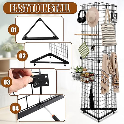 Weysat 5' x 1.6' Triangle Gridwall Panel Display Stand 3-Sided Grid Tower with Base and Casters Rolling GridWall Panel Stand for Home Organization Display Vendor Events, Black
