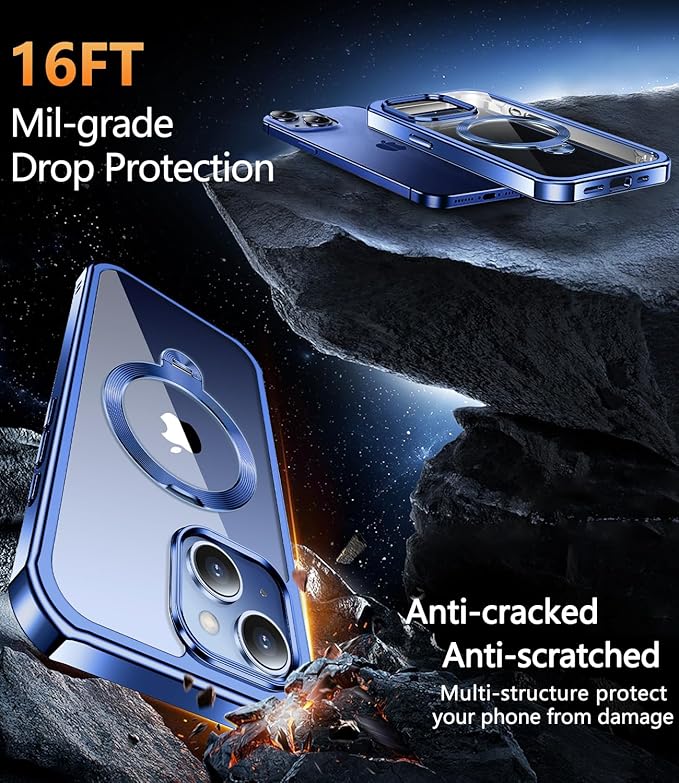 [360° Rotatable CD Stand & Built-in Privacy Screen Magnetic Case for iPhone 15 [Compatible with MagSafe & Full Signal] Mil-Grade Shockproof Full Body Anti-Spy Cover for 15-Blue