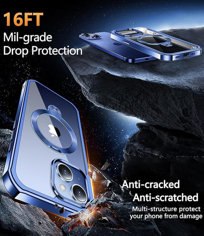 [360° Rotatable CD Stand & Built-in Privacy Screen Magnetic Case for iPhone 15 [Compatible with MagSafe & Full Signal] Mil-Grade Shockproof Full Body Anti-Spy Cover for 15-Blue