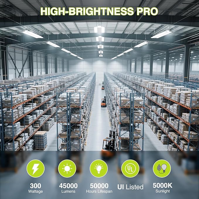 LED Linear High Bay Shop Light With Motion Sensor 300W, Larger Central Lighting Area, 45000LM, 120-277V, 0-10V, 5000K, Commercial Linear High Bay Led Shop Lights for Warehouse Industrial, 4 Pack, UL