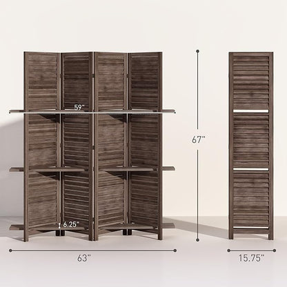 HOMCOM Room Divider, 4 Panel 67" Tall Wood Privacy Screen with 3 Display Shelves, and Folding Storage for Bedroom or Home Office, Walnut