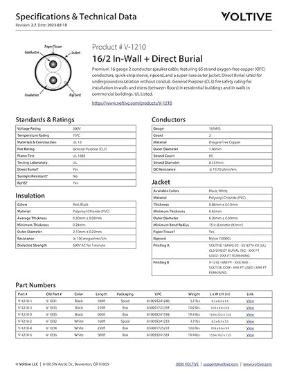 Voltive 16/2 Speaker Wire, in-Wall CL3 & Direct Burial, Black, 500ft - 16AWG, 2 Conductors, Stranded Oxygen-Free Copper, UL Listed - V-1210-5