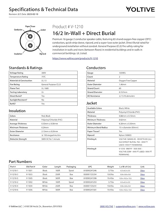 Voltive 16/2 Speaker Wire, in-Wall CL3 & Direct Burial, Black, 250ft - 16AWG, 2 Conductors, Stranded Oxygen-Free Copper, UL Listed - V-1210-3