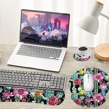 Keyboard Wrist Rest and Mouse Pad Wrist Support Set with Coasters,Non-Slip PU Base Ergonomic Gaming Mousepad for Home Office Working Studying Easy Typing & Pain Relief,Cactus