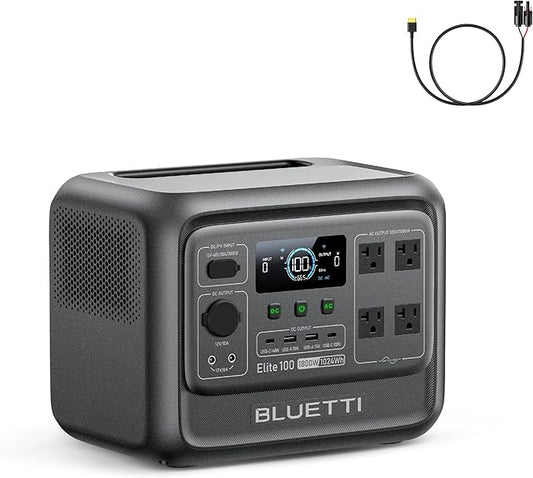 BLUETTI Elite 100 V2 Portable Power Station and Solar Cable, 1024Wh LFP Battery Backup w/ 4 1800W AC Ports (3600W Surge), 35% Smaller, Fast Charge and UPS Solar Generator for Camping, Road Trip