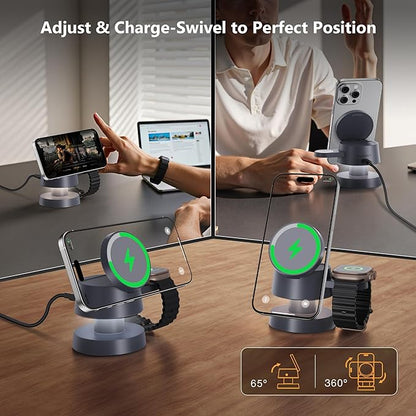 iVANKY 15W Fast 4 in 1 Wireless Charging Station with Mushroom Light for MagSafe Magnetic Charger, 22.5W Travel Stand, 3 in 1 Charge for iPhone 17 16 15 to X Pro Max Plus Air, Apple iWatch, Airpods