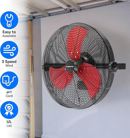 Fanqiebros 4580 CFM 18 inch High Velocity Wall Mounted Fan, 3-Speed Metal Fan with Sealed Motor, 360 Degree Tliting Heavy Duty Wall Fan for Patio, Barn, Garage, and Gazebo - UL listed