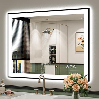 YEELAIT 40x30 Inch LED Bathroom Mirror with Lights (Front Lit and Backlit) Black Framed Lighted Vanity Mirror for Bathroom Wall Dimmable Anti-Fog Memory Tempered Glass Horizontal/Vertical