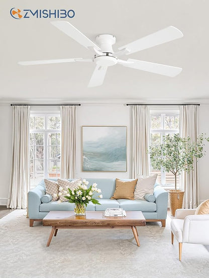 ZMISHIBO 52 Inch Ceiling Fan No Light, Flush Mount Low Profile, Modern White Ceiling Fan Without Light, Remote Control & Quiet DC Motor, for Indoor&Outdoor, Bedroom, Living Room