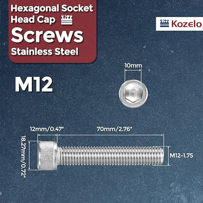 Kozelo 2pcs Socket Head Cap Screws - [M12-1.75 x 70mm] 304 Stainless Steel Allen Socket Drive for Electrical Motor 3D Printing Fan Engine Replacement Use, Silver