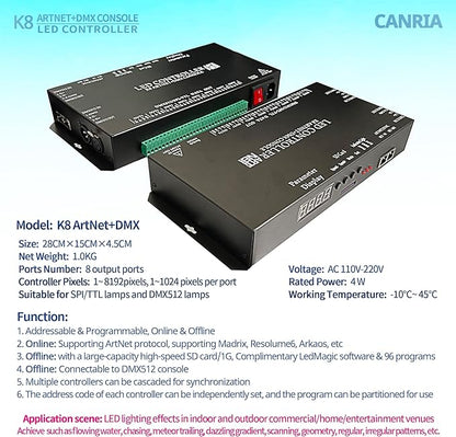CANRIA K8 ARTNET+DMX CONSOLE LED CONTROLLER, Suitable for SPI and DMX512 LED Light, Online Offline, Addressable Programmable, 1G SD Card With 96 Program Modes and Offline Software.