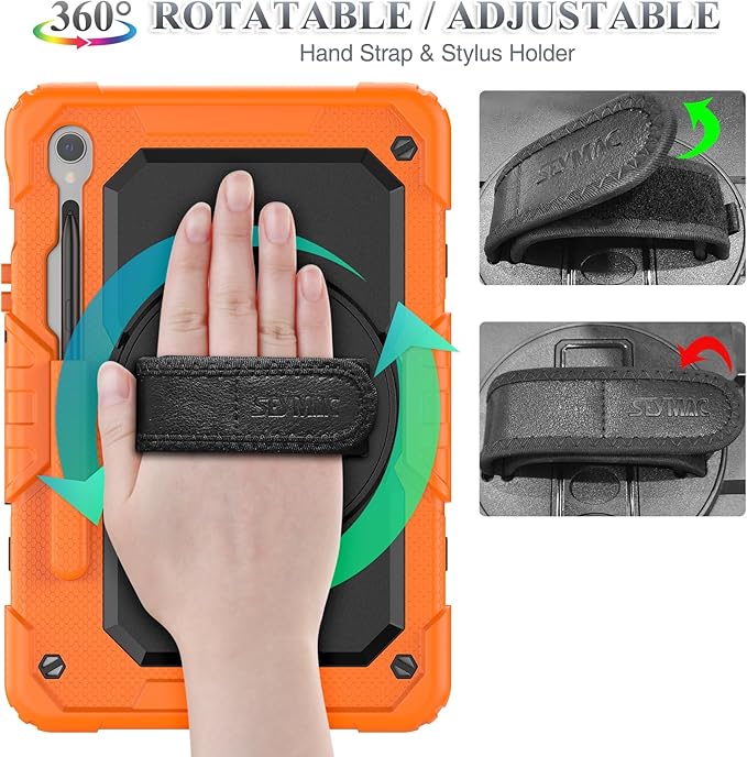 SEYMAC stock Case for Samsung Galaxy Tab S10 FE / S9 / S9 FE 5G Tablet Case Protective with Screen Protector, Pencil Holder, 360 Rotate Stand, Hand Strap, Shoulder Strap, Orange1