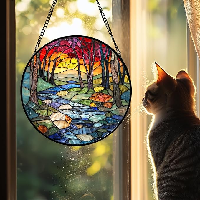 AMDERVEN Stained Glass Window Hanging, Red Tree Abstract Sunset Lake Sun Catcher for Window Home Decor Landscape Suncatcher Mother's Day Birthday Gifts for Women Men Mom and Nana 15 in