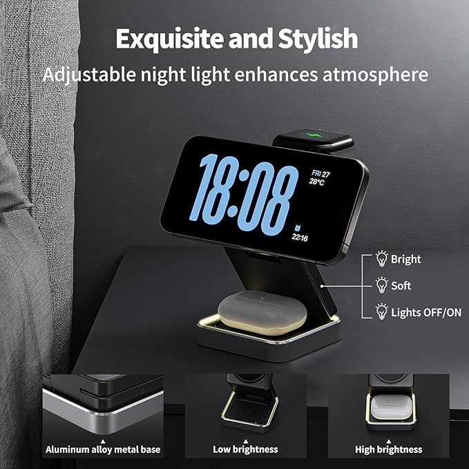 2025 Upgraded 3-in-1 Magnetic Wireless Charger,Charging Stand,Charging Station,for iPhone 12-16,iWatch,AirPods,Ultra-Safe, Foldable, with Adjustable Night Light & Included Adapter