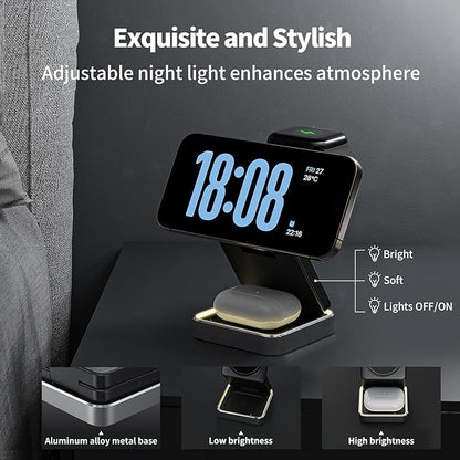 2025 Upgraded 3-in-1 Magnetic Wireless Charger,Charging Stand,Charging Station,for iPhone 12-16,iWatch,AirPods,Ultra-Safe, Foldable, with Adjustable Night Light & Included Adapter