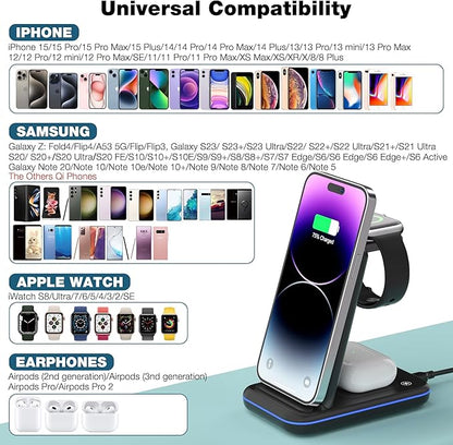 Wireless Charger for iPhone, Foldable 3 in 1 Fast Charging Station/Stand/Multi Charger for iPhone15 14 13 12 11/Xs/XR/X/8, Travel Pad for Apple Watch S8/Ultra/7/6/5/4/3/2/SE, Airpods 2/3/Pro/Pro 2