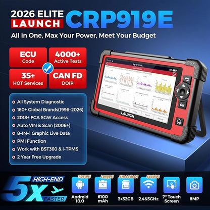 LAUNCH X431 CRP919E OBD2 Scanner, 2026 Bidirectional Scan Tool As CRP919EBT, ECU Code, 35+ Services, Active Test, All System Diagnose, CANFD & DOIP, FCA SGW, Android 10.0, 160+ Brands, 2 Year Update