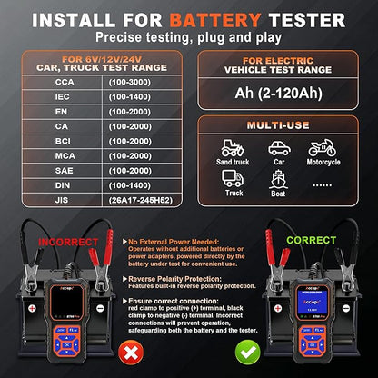 BT60 Pro Acclope Car Battery Tester with Cloud Printing 100-3000 CCA 6V 12V 24V AGM Lithium Gel Battery Checker Automotive Alternator Digital Analyzer Charging Cranking System Vehicles Truck Home-use
