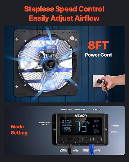 VEVOR 20 inch Shutter Exhaust Fan, Wall Mounted Attic Vent Fan with Smart Programming Variable Speed Temperature Control, 2900 CFM,EC Motor,Timer, for Shed,Garage,Greenhouse Ventilation Cooling,Black