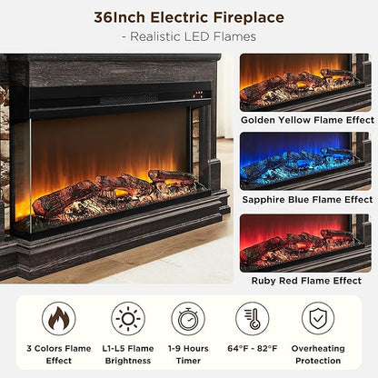 OKD 52 Inch Electric Fireplace with Mantel, Fireplace TV Stand with 36" 3-Sided Glass Electric Fireplace Heater for Living Room, Dark Rustic Oak