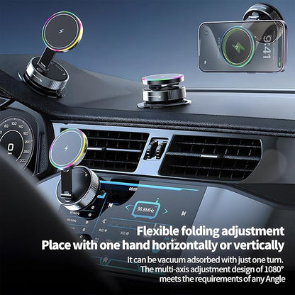 Wireless Charger Car Phone Holder for Magsafe,360°Adjustable Vacuum Magnetic Phone Holder,Nano Gel Suction Cup/RGB Light Suction Cup Mount for Non Smooth Surfaces Compatible iPhone&Android
