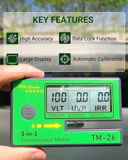 Digital Car Window Tint Meter TM-26 / Side Window Tint, Sun Control Film, VL/UV/IR Transmittance Detection, Tester Meter Gauge (Without PU Case)
