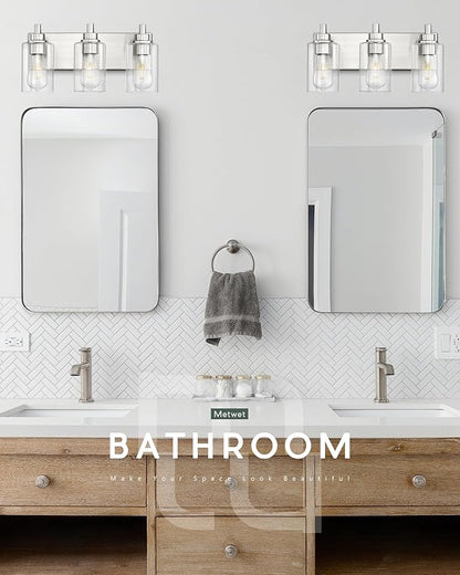 METWET 3-Light Bathroom Light Fixtures, Brushed Nickel Vanity Light with Cylinder Clear Glass Shade, Modern Vanity Lighting Fixtures Over Mirror, VL143-BN-3