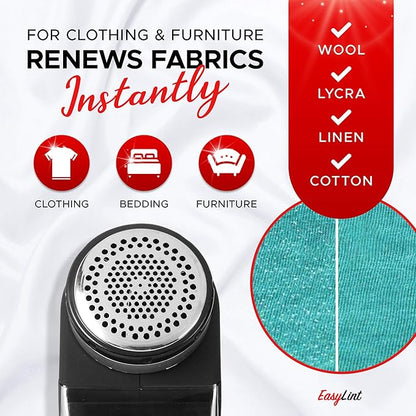 EasyLint Professional Fabric Shaver Lint Remover, Electric Sweater Shaver for Clothes & Furniture Works with AC Adapter or Batteries, Pilling Remover with 2-Blades, Cleaning Brush & Power Cord