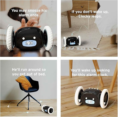 CLOCKY Extra Loud Alarm Clock for Heavy Sleepers on Wheels Rolls Runs Away Vibrating, Easy to Set Super Smart Snooze Digital Bed Shaker Alarm Clock Funny Gift for Adults Kids Teens Bedrooms (Black)