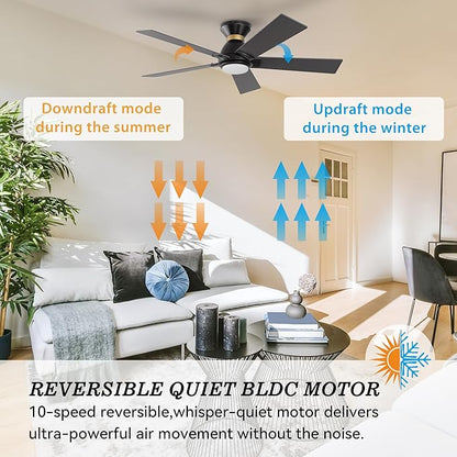 SMAAIR 52 Inch Smart Ceiling Fan with Light and Remote, Flush Mount Modern Ceiling Fan with lights,Compatible with Alexa/Google Assistant/Siri,Timer and Schedule,10 Speed DC Motor,Black