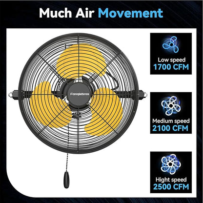 Fanqiebros 12 IN High Velocity Wall Mount Fan, 3 Speed Industrial Wall Fan with Sealed Motor, 2500 CFM Adjustable Air Circulator for Garage, Commercial, Greenhouse, Warehouse & Gazebo Use, UL Listed