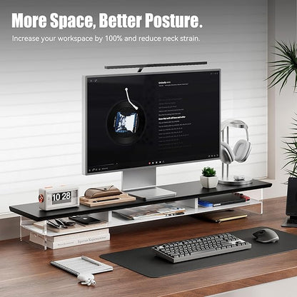 FENSULN Dual‑Tier Monitor Stand for Modern Desk Setup – Minimalist Wooden and Metal Riser Shelf with Transparent Acrylic Feet for Dual Monitors, Laptops, Home Office Aesthetic，Black and White