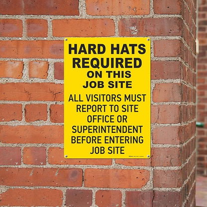 Brimar - 10" x 14" - Hard Hats Required on Job Site Sign - .055″ Polyethylene Plastic - Bold Text - Easy Installation