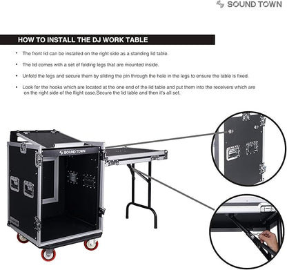 Sound Town Heavy-Duty 1/2" (12mm) Plywood 14U PA DJ Rack/Road ATA Case with 11U Slant Mixer Top, 20’’ Rackable Depth, DJ Work Table and Casters, 14 Space Size, Pro Tour Grade (STMR-14UWT)