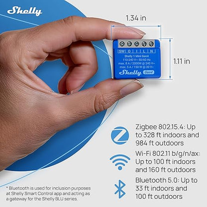 Shelly 1 Mini Gen4 | Wi-Fi, Zigbee & Matter Smart Relay Switch with Dry Contacts, 1-Channel 8A | Home Automation | Alexa, SmartThings, Google Home, Apple HomeKit Compatible | Garage Door Opener