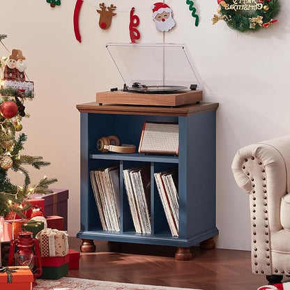 Joaxswe Record Player Stand with Vinyl Record Storage, 24" Wide Mid-Century Record Player Table Up to 200 Albums,Large Wood Turntable Stand Cabinet Dispaly Shelf for Living Room,Bedroom,Blue