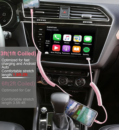 KIYODA USB C to Lightning Cable 3FTfor Car, Coiled iPhone Charger Fast Charging Short USBC Lightning iPhone Cord for iPhone14/13/12/11 Pro Max/iPad/CarPlay- 2Pack Pink