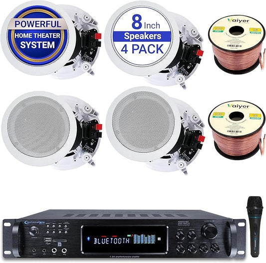 Home Stereo System Kit – 7.2 Channel 2500 W Bluetooth Amplifier w/ 4 Qty of 8” Framed Ceiling Speakers 300 W Each, Mic, 200 ft Speaker Wire & Remote Ideal for Home, Office, Restaurant by Vaiyer