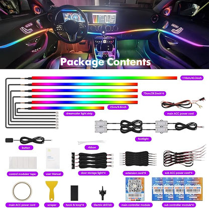 New Version Acrylic Car Dreamcolor Ambient Lighting Kit 14 in 1 LED Interior Car Strip Lights APP Control Zoned Control System 252 Color Modes DIY Neon Wireless Sound Activated RGB Light Bar