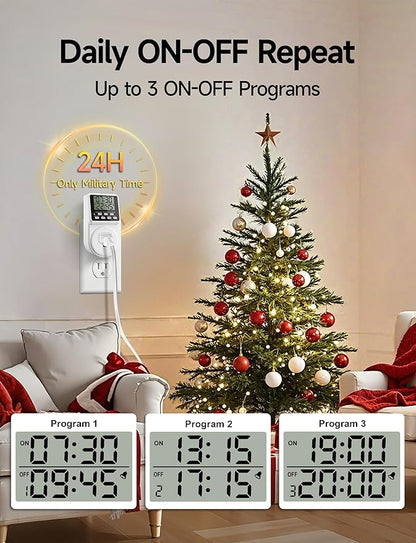 Techbee Indoor Digital Infinite Repeat Cycle Intermittent Outlet Timer Plug 24 Hour Programmable Timed Electrical Power Switch with Countdown Delay on Off Function for Lights and Appliances (2 Pack)