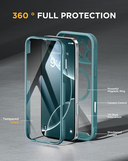 Miracase for iPhone 16 Pro Max Case 6.9'', [Bubble Free] Full-Body Phone case with Built-in Full Glass Screen &Lens Protector,Compatible with MagSafe,Drop Proof 16 Pro Max Cover, Green