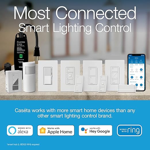 Lutron Claro Smart Light Switch w/ Wall Plate for Caseta Lighting, for LED Lights, Fans, 5 Amp, Single-Pole/3-Way, Neutral Required, DVRFW-5NS-WH-A, White