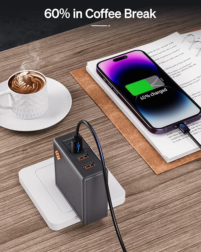 𝐒𝐥𝐢𝐦𝐐 GAN USB C Charger: 100W,96W,87W,85W,67W AC Adapter - 4 Port Fast Compact PD Wall Block - Type-C High Speed Charging Station - Travel Adapter for MacBook,Surface,Lenovo(+ 100W USB-C Cable)