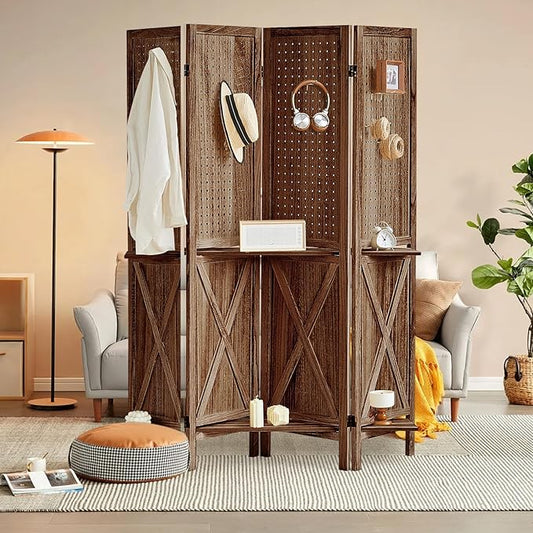 Aleesing 4 Panel Pegboard Display with 16 Hooks, Wooden Pegboard Room Divider Wall with Shelf, Partition Room Dividers and Folding Privacy Screens, Bedroom, Jewelry Store, Brown