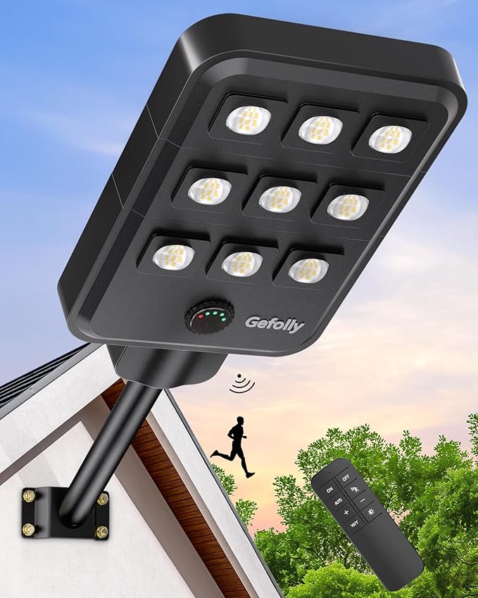 Gefolly G-9000W Solar Street Light Outdoor, Wide Angle Commercial Parking Lot Light Dusk to Dawn 6500K IP67 Flood Security with Motion Sensor Lamp for Yard, Basketball Court