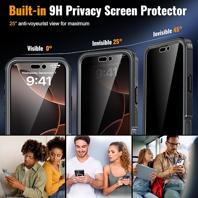 Magnetic & Stand for iPhone 16 Pro Max Case Built-in Privacy Screen Protector[360° Full Body Protection][Fit for Magsafe][Lens Protector] Heavy Duty Shockproof Case for iPhone 16 Pro Max Black