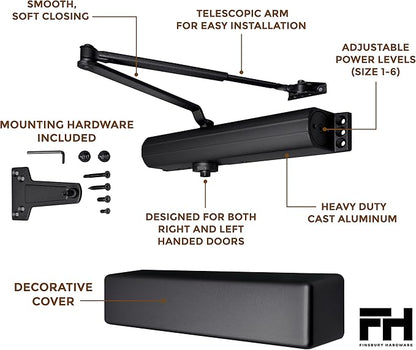 Finsbury Commercial Black Door Closer Automatic Heavy Duty High Traffic Adjustable ANSI/BHMA Grade 1 Standard, UL Listed ADA Compliant Hydraulic Backcheck Delayed Action Latch Speed 1-6 Power (Black)